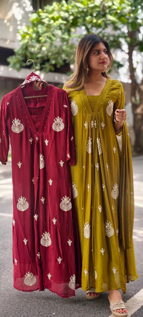 Premium Chinon Very Elegant Tiny Cut-Dana Embroidered Flowy Anarkali Full Suit Set With Dupatta- 15239