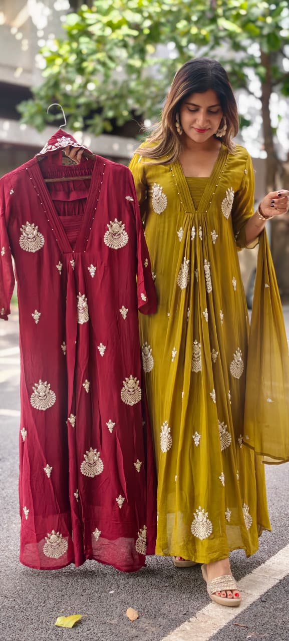 Premium Chinon Very Elegant Tiny Cut-Dana Embroidered Flowy Anarkali Full Suit Set With Dupatta- 15239