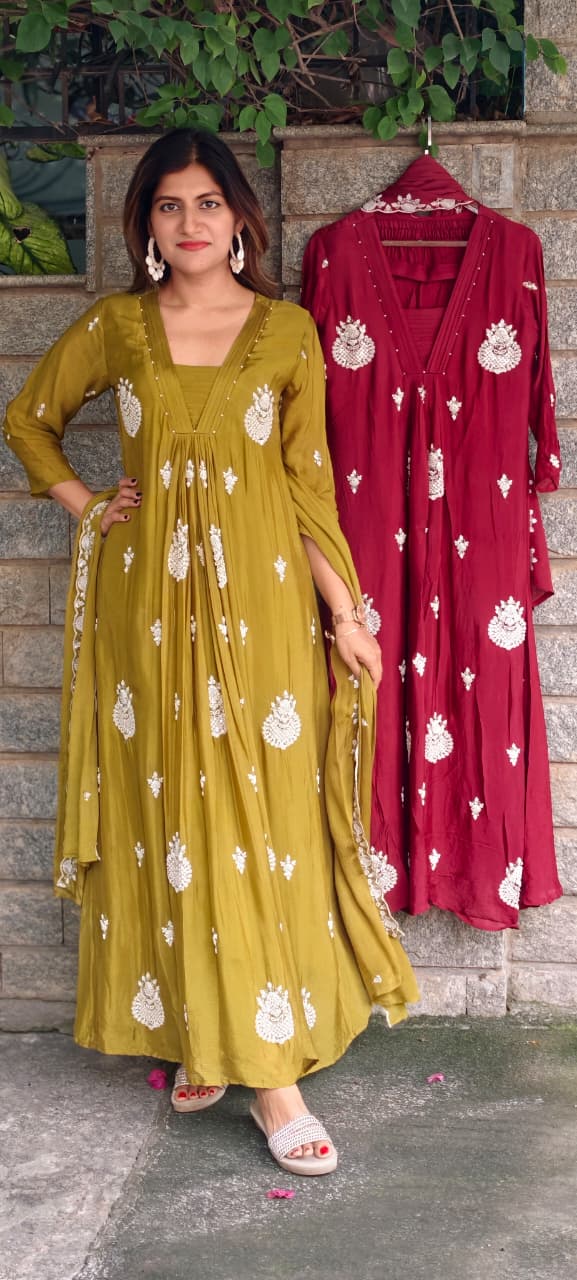 Premium Chinon Very Elegant Tiny Cut-Dana Embroidered Flowy Anarkali Full Suit Set With Dupatta- 15239