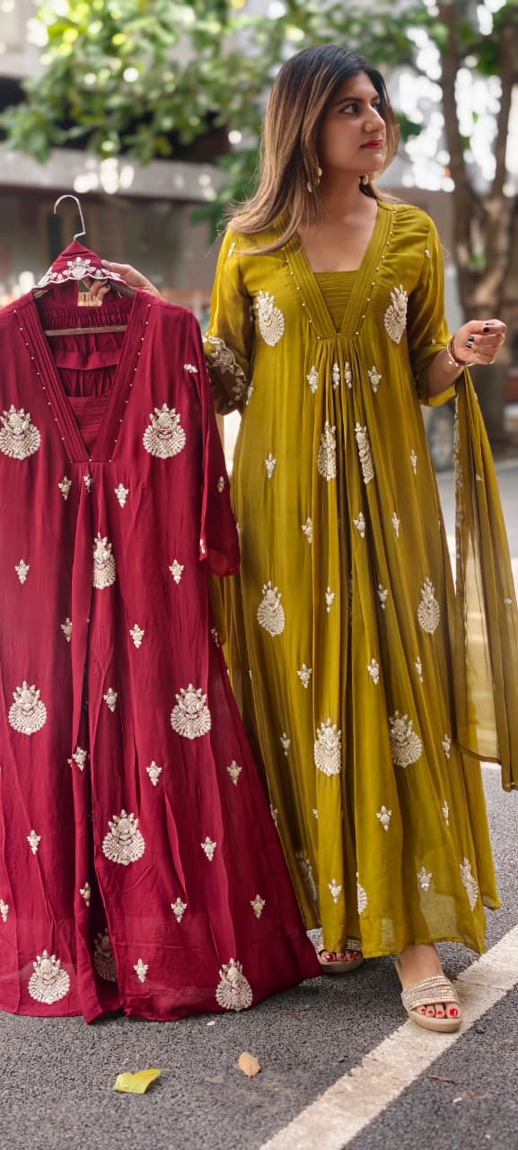 Premium Chinon Very Elegant Tiny Cut-Dana Embroidered Flowy Anarkali Full Suit Set With Dupatta- 15239