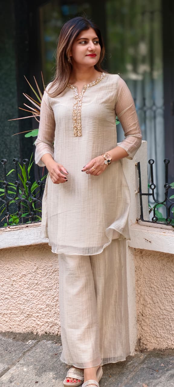 Elegant Crystal Stones Neckline Premium Co-Ord Set With Loose Palazzo Bottom In Salsa Fabric- 15290 (Lean Fit)