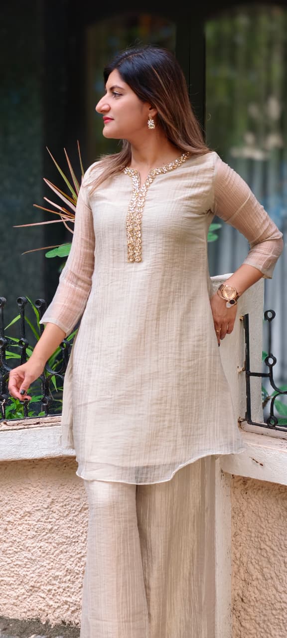 Elegant Crystal Stones Neckline Premium Co-Ord Set With Loose Palazzo Bottom In Salsa Fabric- 15290 (Lean Fit)