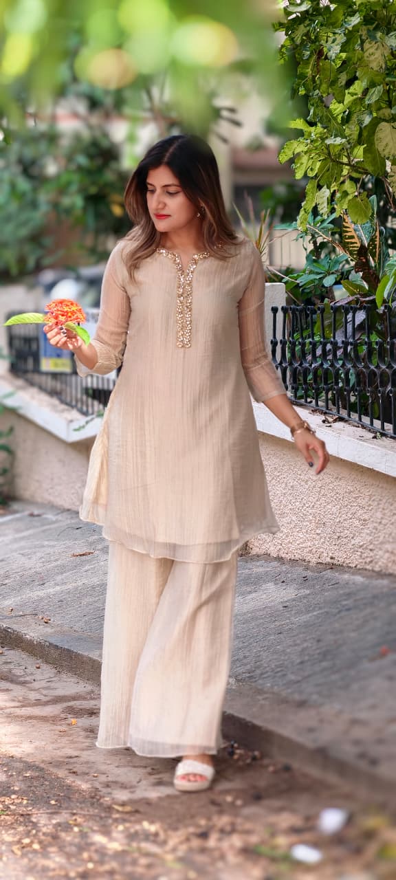 Elegant Crystal Stones Neckline Premium Co-Ord Set With Loose Palazzo Bottom In Salsa Fabric- 15290 (Lean Fit)