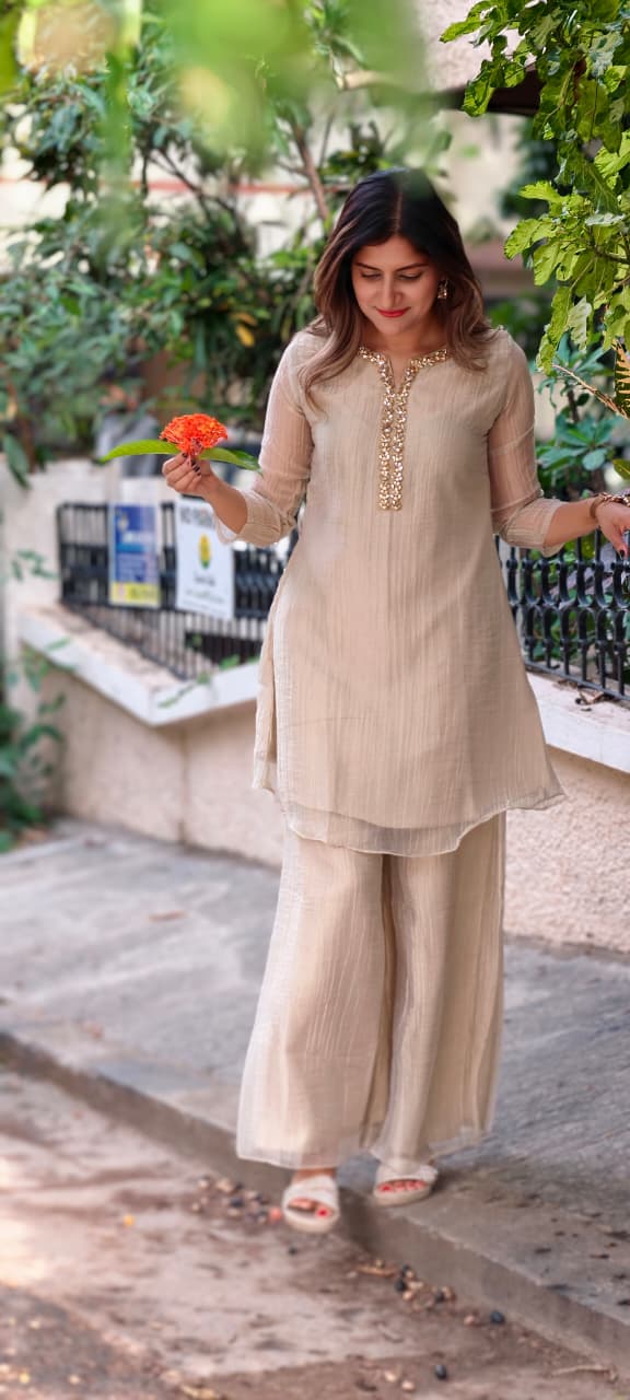 Elegant Crystal Stones Neckline Premium Co-Ord Set With Loose Palazzo Bottom In Salsa Fabric- 15290 (Lean Fit)