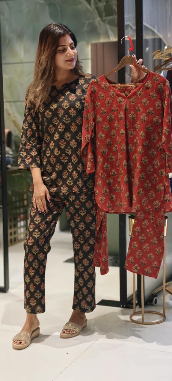 Ethinc Co-Ord Set With Block Floral Prints In Pure Cotton Fabric- 15694
