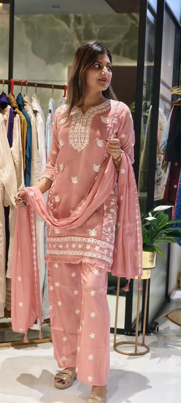 Floral Intricate Thread Embroidered Premium Surat Mul-Chanderi Straight Full Suit Set With Dupatta- 15893