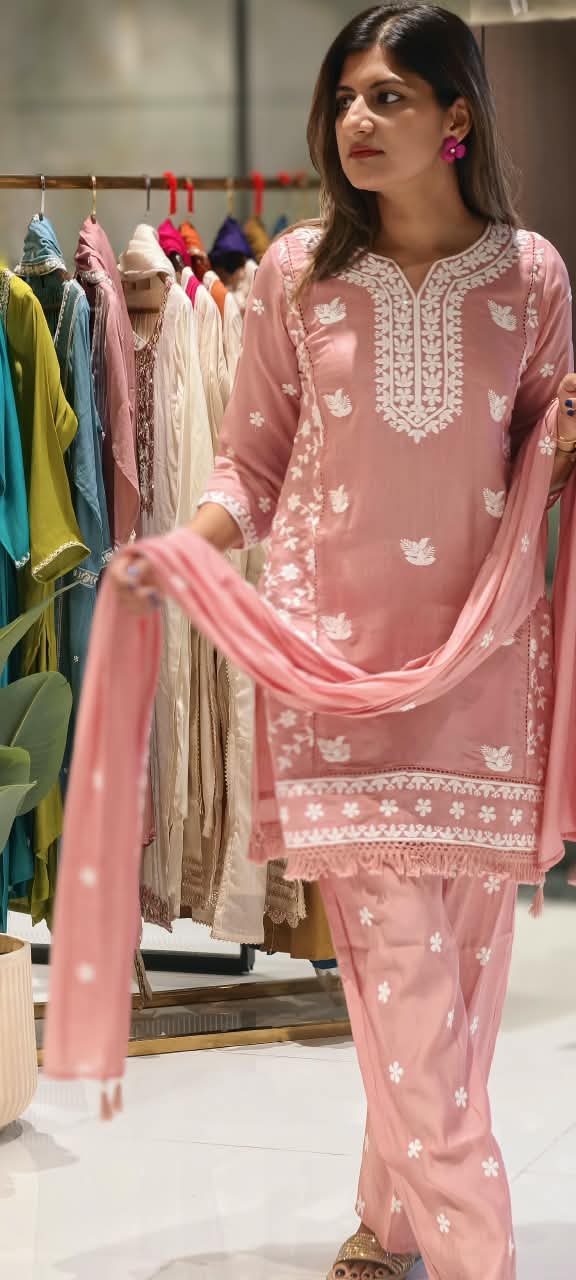 Floral Intricate Thread Embroidered Premium Surat Mul-Chanderi Straight Full Suit Set With Dupatta- 15893