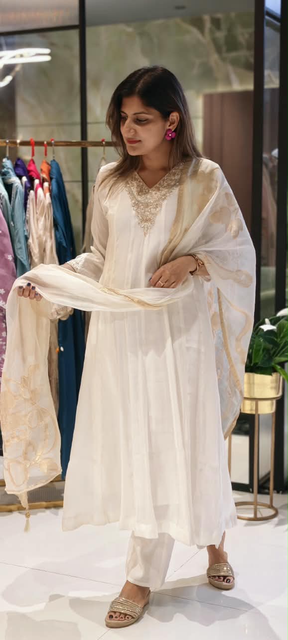 Ivory White Handcrafted Embroidered Neckline Golden Highlights Chinon Panel Anarkali Full Suit Set With Dupatta- 15884