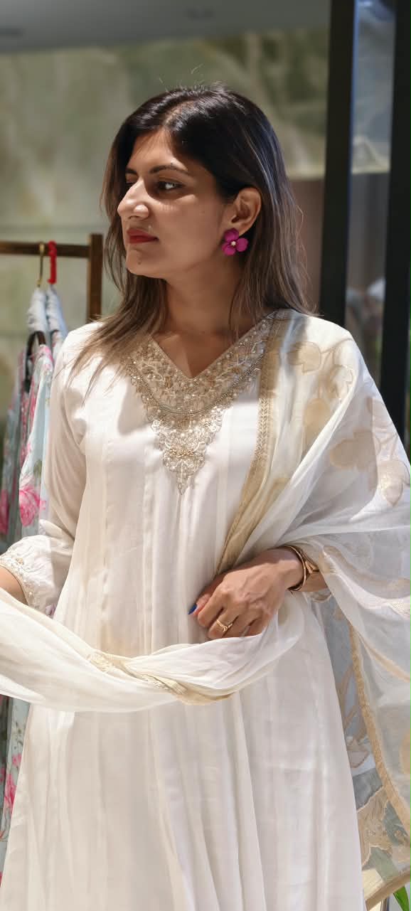 Ivory White Handcrafted Embroidered Neckline Golden Highlights Chinon Panel Anarkali Full Suit Set With Dupatta- 15884