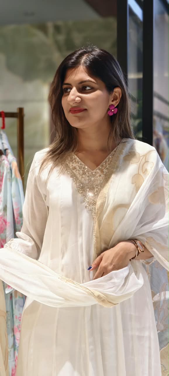 Ivory White Handcrafted Embroidered Neckline Golden Highlights Chinon Panel Anarkali Full Suit Set With Dupatta- 15884