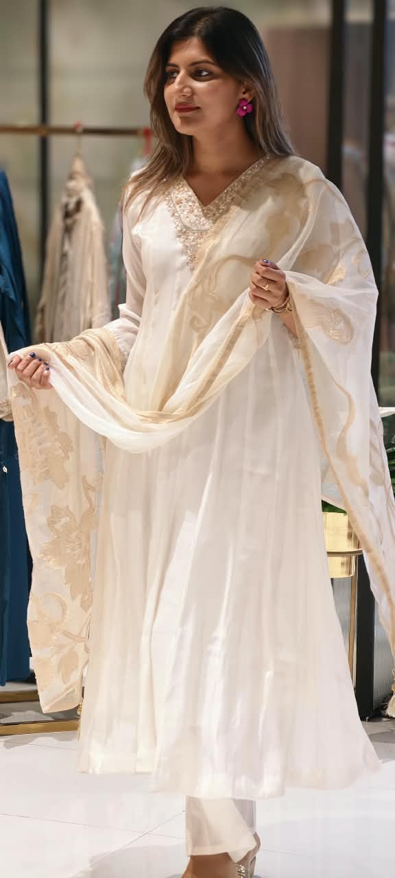 Ivory White Handcrafted Embroidered Neckline Golden Highlights Chinon Panel Anarkali Full Suit Set With Dupatta- 15884
