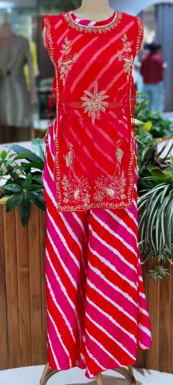 Festive Elegance Vibrant Leheriya Buster With Detechable Outer & Palazzo Bottom- 16069