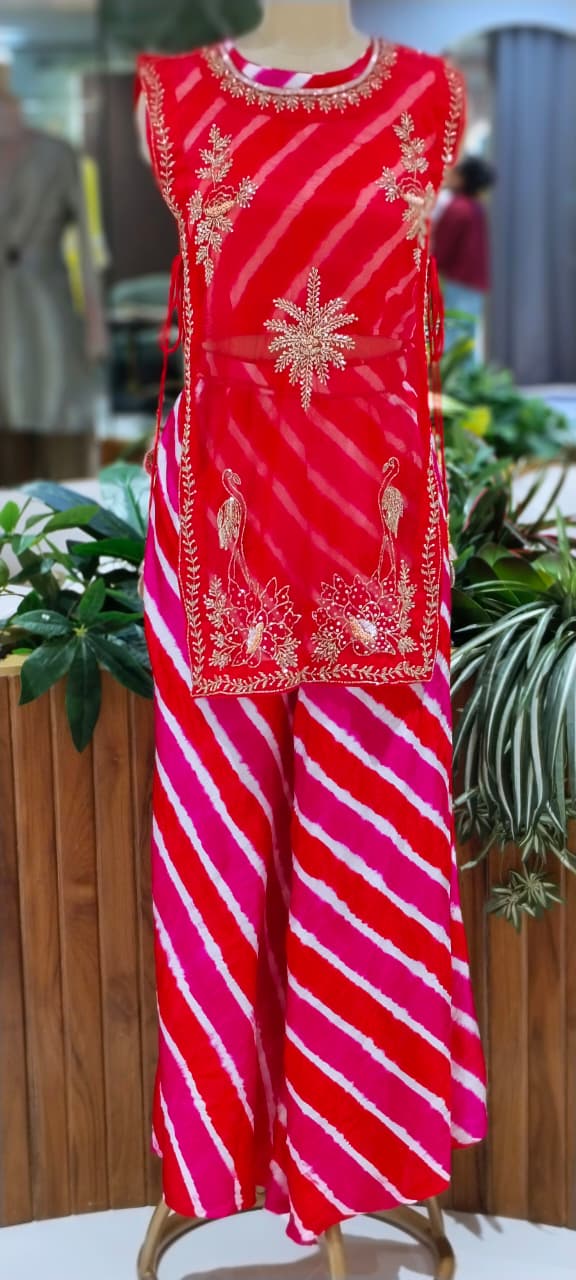 Festive Elegance Vibrant Leheriya Buster With Detechable Outer & Palazzo Bottom- 16069