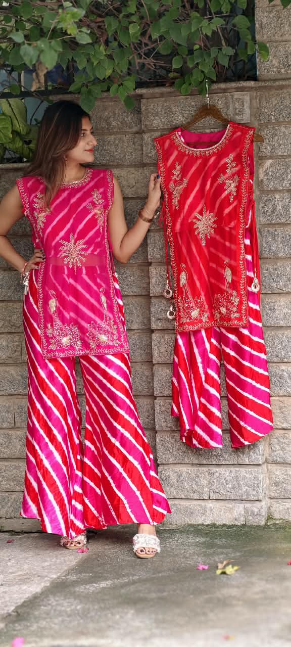 Festive Elegance Vibrant Leheriya Buster With Detechable Outer & Palazzo Bottom- 16069