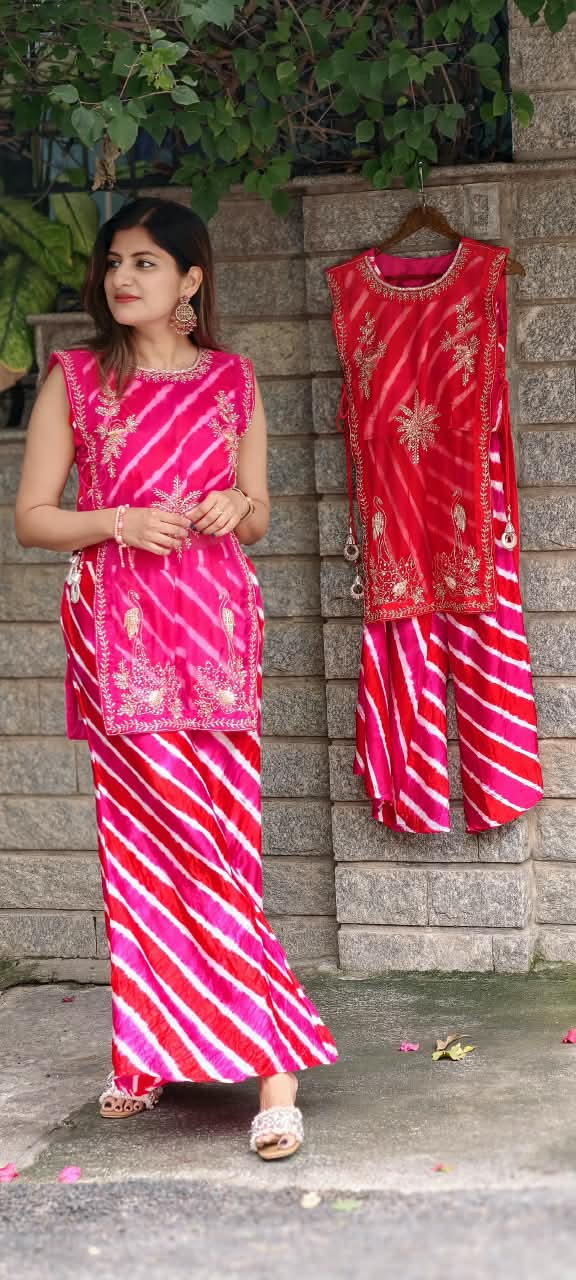 Festive Elegance Vibrant Leheriya Buster With Detechable Outer & Palazzo Bottom- 16069