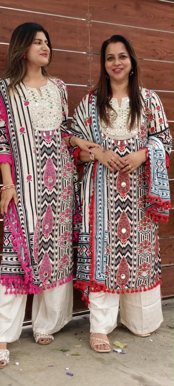 Vintage Mughal Floral Printed Kurta with Intricate Mirror Work, Red Embroidery & Tassel Border-16047