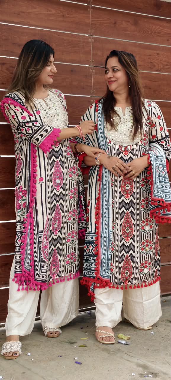 Vintage Mughal Floral Printed Kurta with Intricate Mirror Work, Red Embroidery & Tassel Border-16047