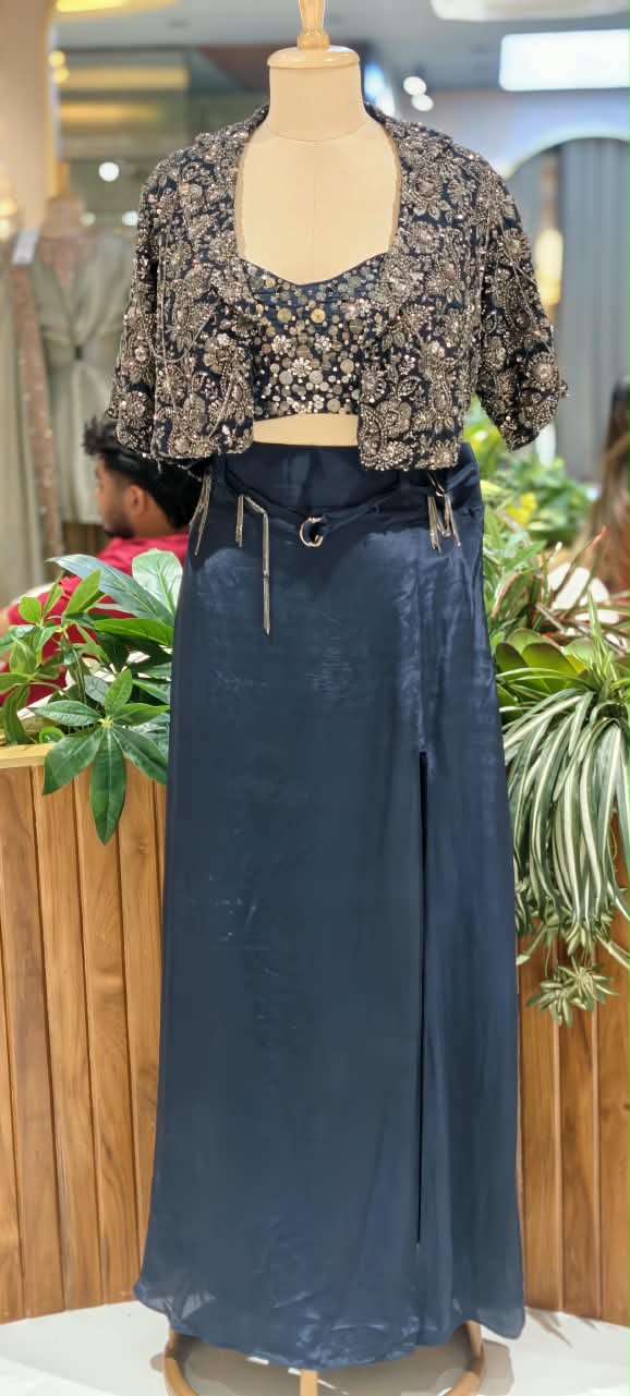 Royal Nightfall Luxe Sequin Embellished Cropped Blouse with Designer Short Jacket & Wide-Leg Palazzo Set-15005