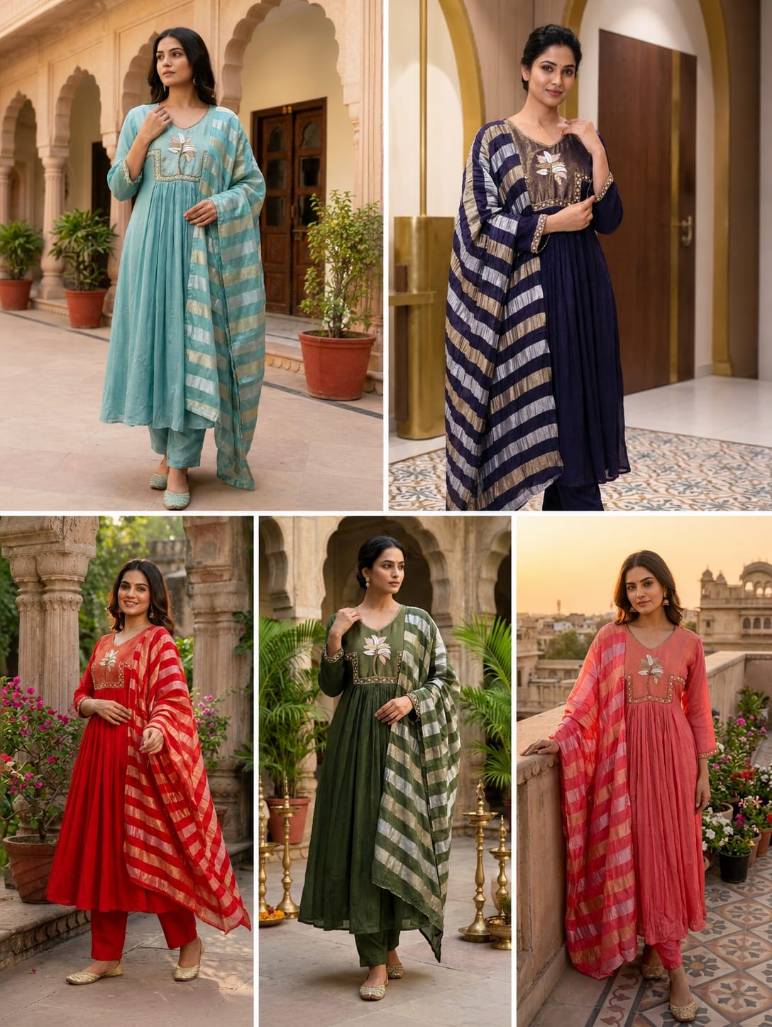 Ghoomar Palm Inspired Embroidered Yoke Chinon Matching Anarkali Full Suit Set With Dupatta- 15235