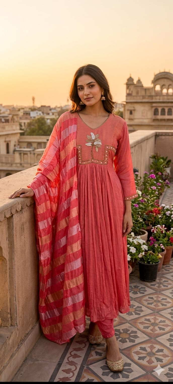 Ghoomar Palm Inspired Embroidered Yoke Chinon Matching Anarkali Full Suit Set With Dupatta- 15235