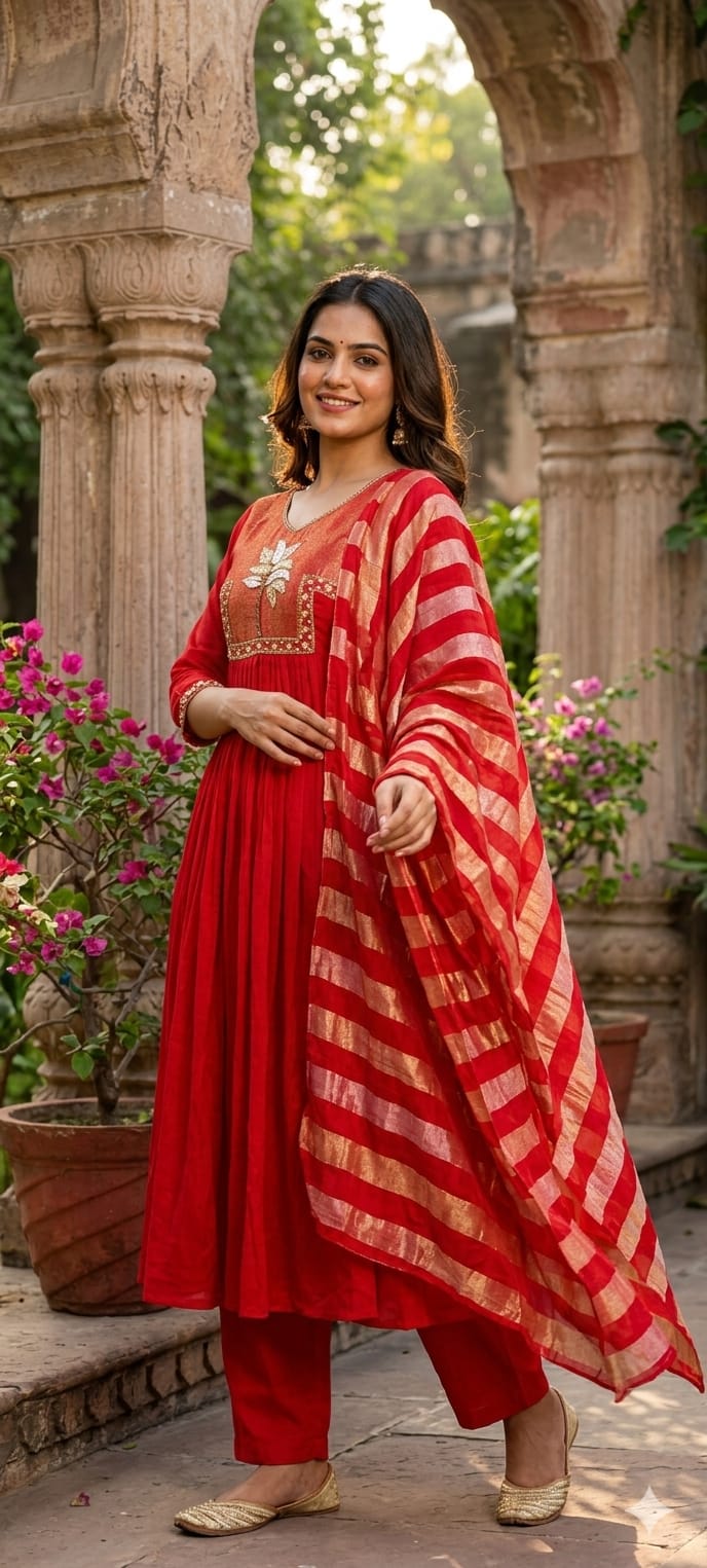 Ghoomar Palm Inspired Embroidered Yoke Chinon Matching Anarkali Full Suit Set With Dupatta- 15235