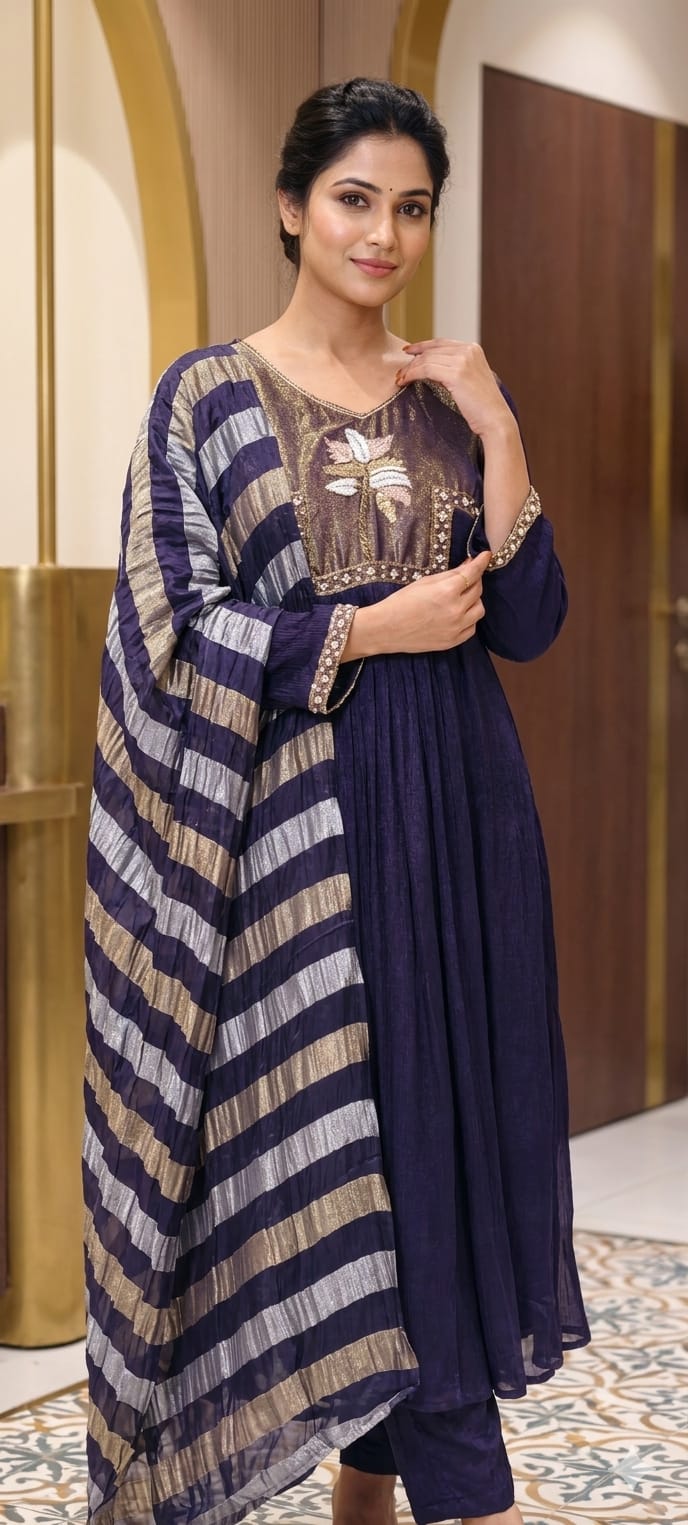 Ghoomar Palm Inspired Embroidered Yoke Chinon Matching Anarkali Full Suit Set With Dupatta- 15235