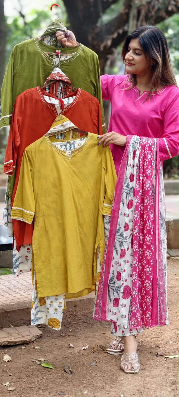 Cotton Full Suit Set With Solid Shade Short Kurta & Beautiful Floral Printed Bottom & Dupatta- 15831