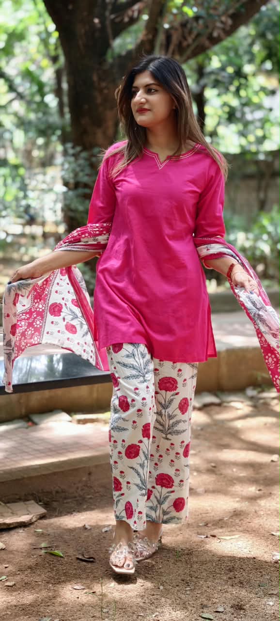 Cotton Full Suit Set With Solid Shade Short Kurta & Beautiful Floral Printed Bottom & Dupatta- 15831