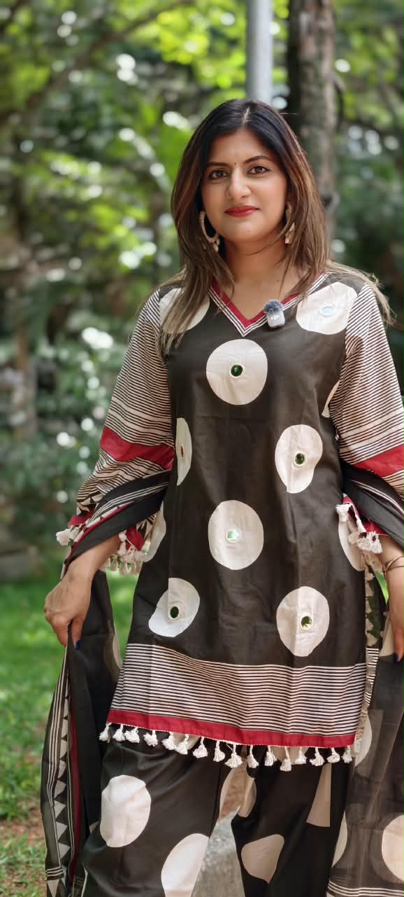 Giant Polka Geometric Prints Tassel Accent Foil Mirror Touch Boho Full Suit Set With Dupatta- 15681