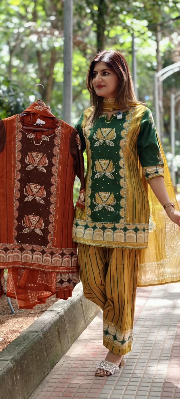 Heritage Floral Lotus Designer Cotton Kurti Pant with Dupatta Premium Suit Set –15680