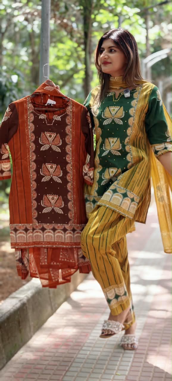 Heritage Floral Lotus Designer Cotton Kurti Pant with Dupatta Premium Suit Set –15680
