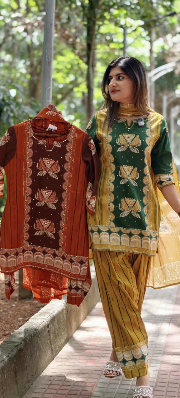 Heritage Floral Lotus Designer Cotton Kurti Pant with Dupatta Premium Suit Set –15680