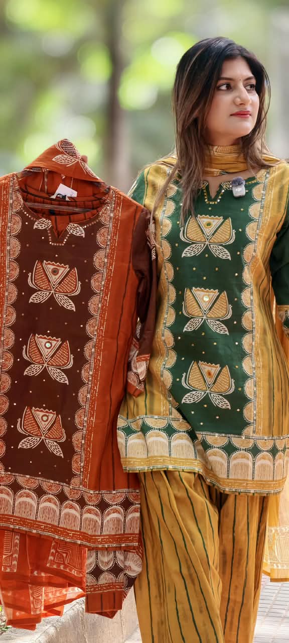 Heritage Floral Lotus Designer Cotton Kurti Pant with Dupatta Premium Suit Set –15680
