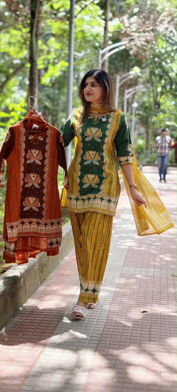 Heritage Floral Lotus Designer Cotton Kurti Pant with Dupatta Premium Suit Set –15680