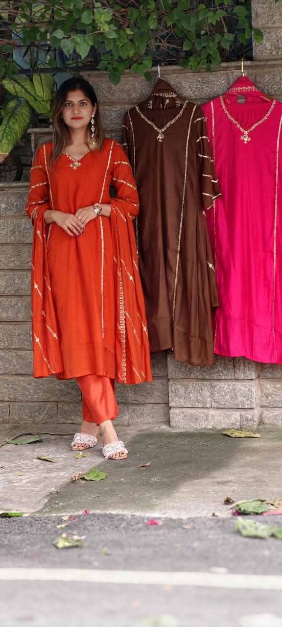 Shiny Cut-Dana With Sequin Linear Plackets Surat Mul-Chanderi A-Line Full Suit Set With Dupatta- 16081