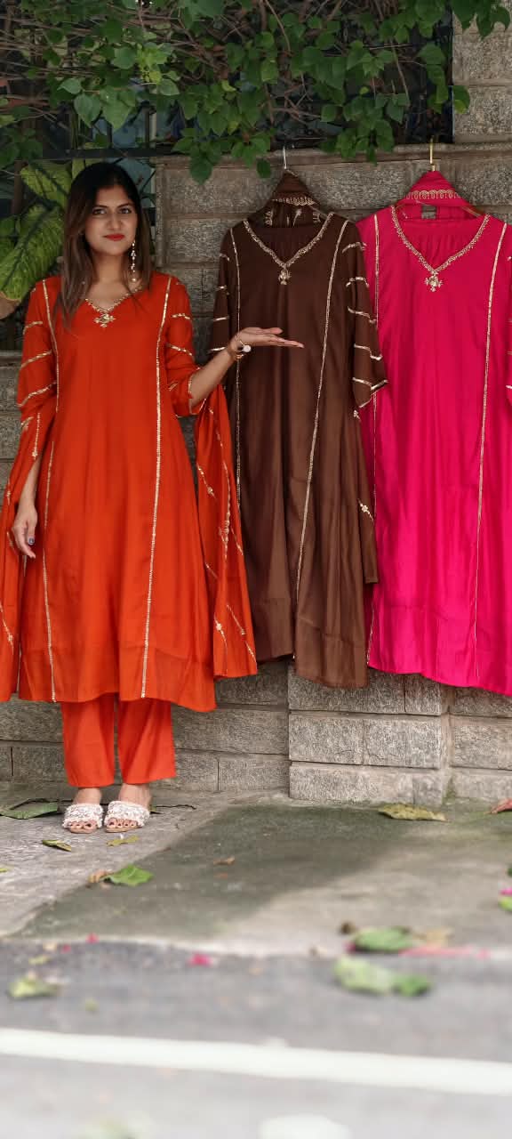 Shiny Cut-Dana With Sequin Linear Plackets Surat Mul-Chanderi A-Line Full Suit Set With Dupatta- 16081