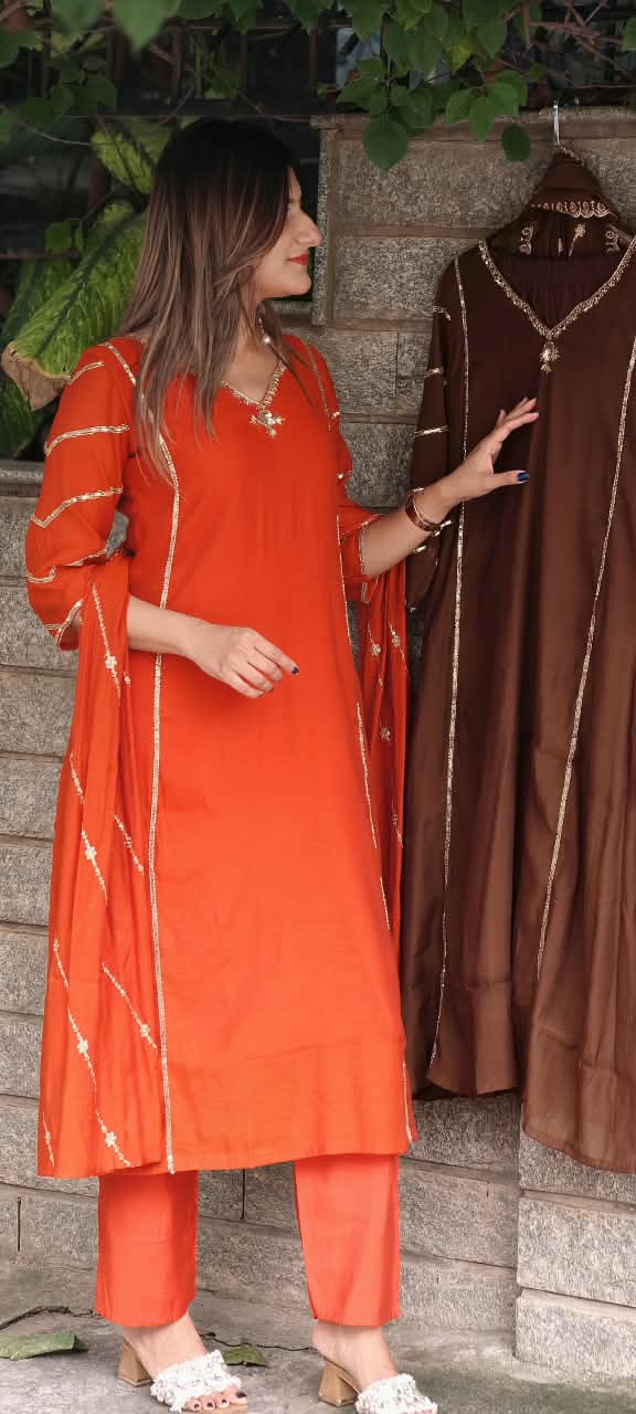 Shiny Cut-Dana With Sequin Linear Plackets Surat Mul-Chanderi A-Line Full Suit Set With Dupatta- 16081