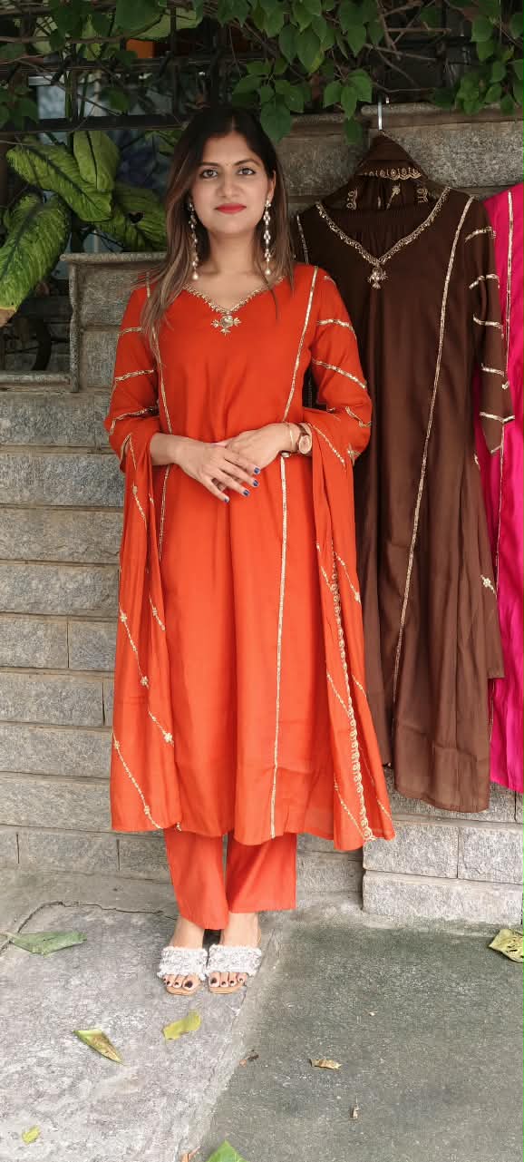 Shiny Cut-Dana With Sequin Linear Plackets Surat Mul-Chanderi A-Line Full Suit Set With Dupatta- 16081