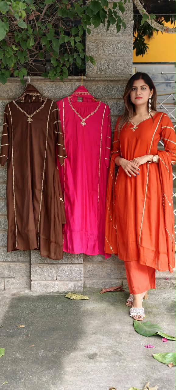 Shiny Cut-Dana With Sequin Linear Plackets Surat Mul-Chanderi A-Line Full Suit Set With Dupatta- 16081