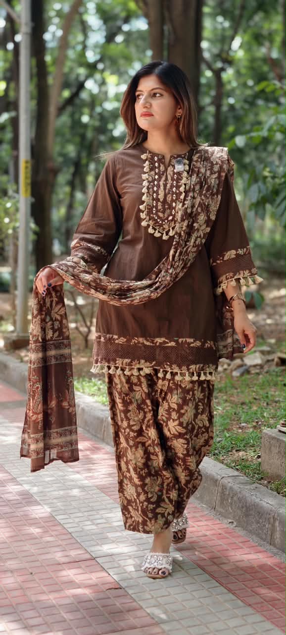 Boho Style Tassel Accent Solid Cotton Kurta With Printed Bottom & Dupatta Full Suit Set- 16018