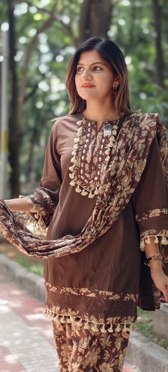 Boho Style Tassel Accent Solid Cotton Kurta With Printed Bottom & Dupatta Full Suit Set- 16018