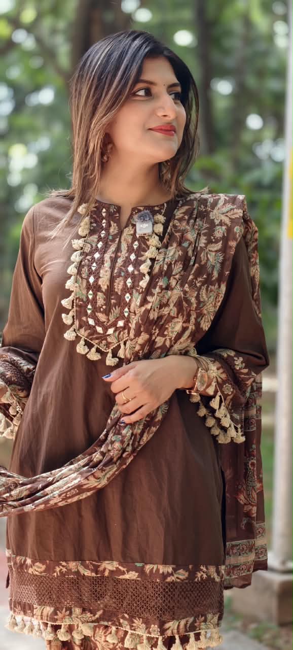 Boho Style Tassel Accent Solid Cotton Kurta With Printed Bottom & Dupatta Full Suit Set- 16018
