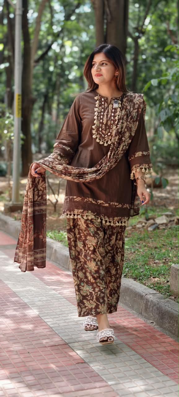 Boho Style Tassel Accent Solid Cotton Kurta With Printed Bottom & Dupatta Full Suit Set- 16018
