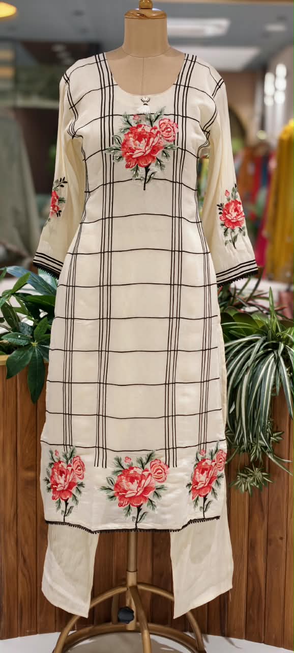 Fine Vibrant Floral Embroidery Checks Surat Mul-Chanderi Straight Full Suit Set With Dupatta- 16098