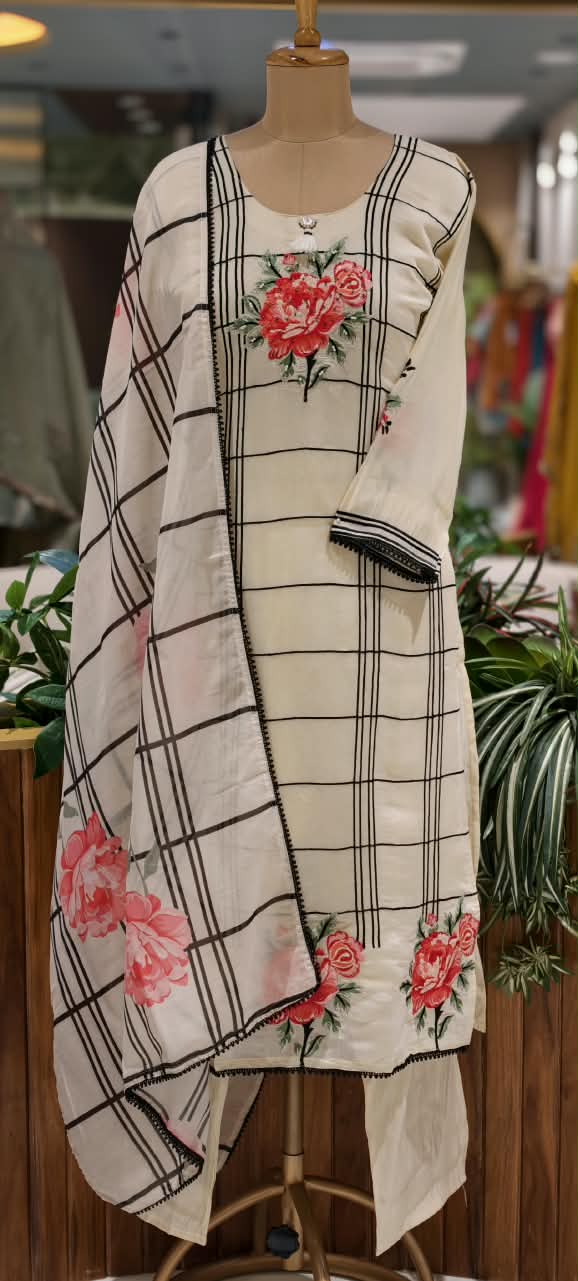 Fine Vibrant Floral Embroidery Checks Surat Mul-Chanderi Straight Full Suit Set With Dupatta- 16098