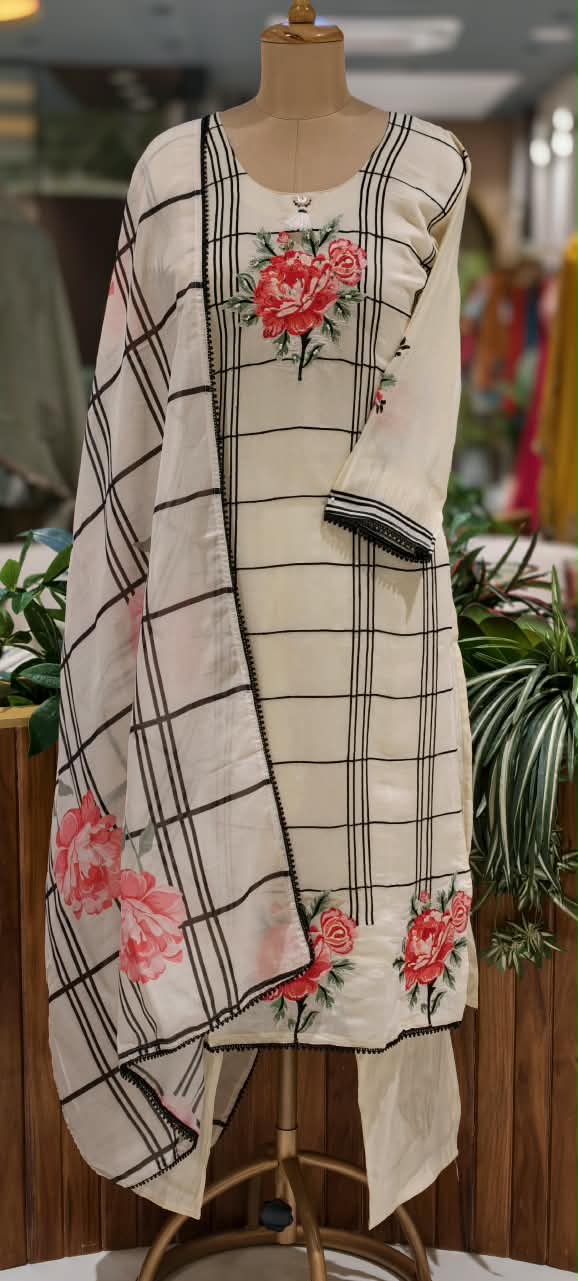Fine Vibrant Floral Embroidery Checks Surat Mul-Chanderi Straight Full Suit Set With Dupatta- 16098