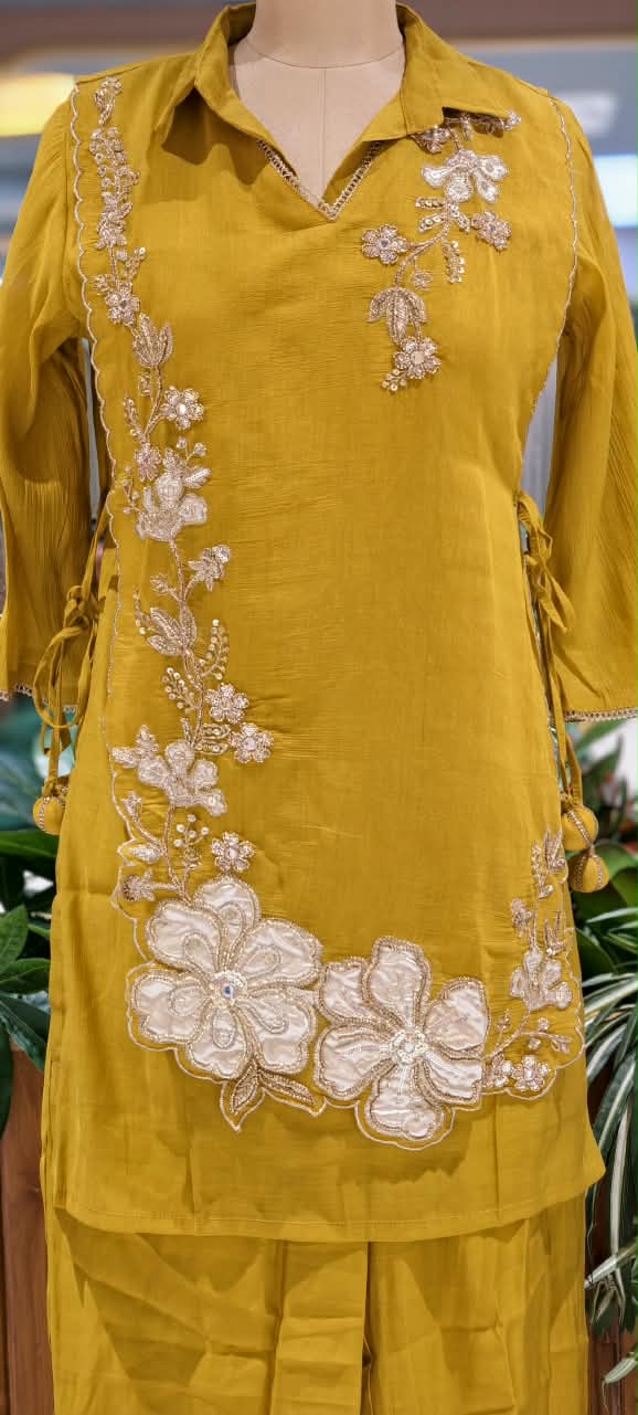 Elegant Embroidery Work Overlay Solid Collared Co-Ord Set In Surat Mul-Chanderi Fabric- 16080