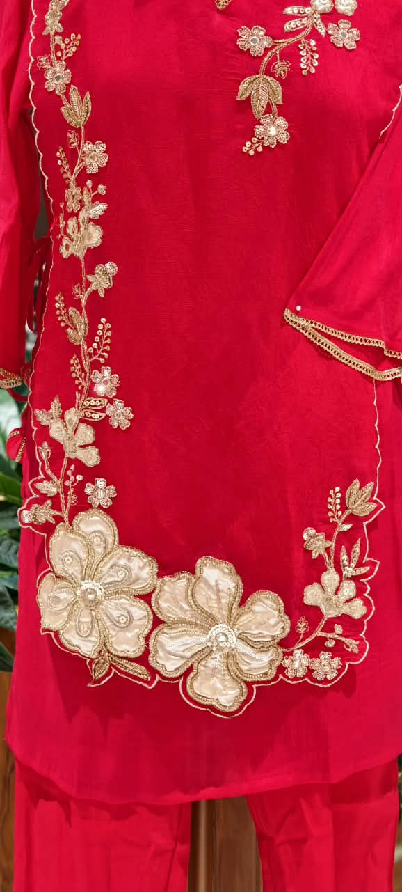 Elegant Embroidery Work Overlay Solid Collared Co-Ord Set In Surat Mul-Chanderi Fabric- 16080