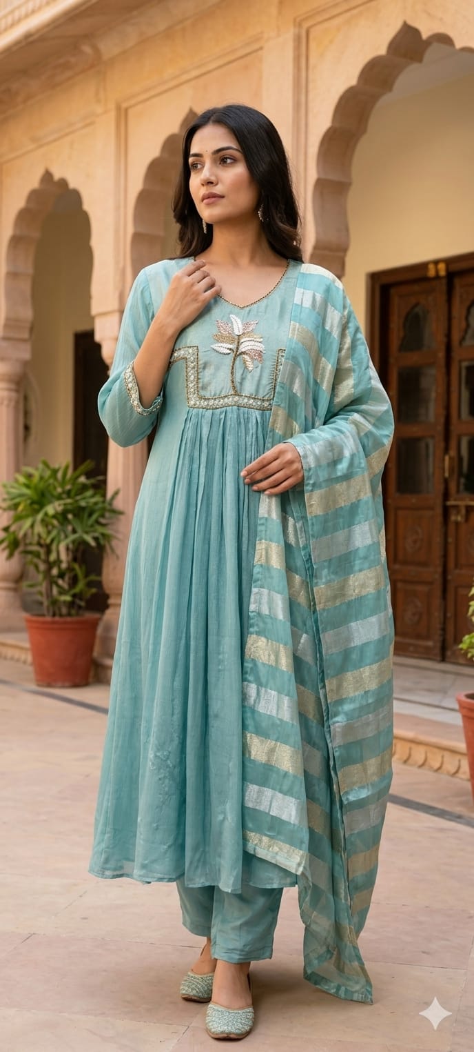 Ghoomar Palm Inspired Embroidered Yoke Chinon Matching Anarkali Full Suit Set With Dupatta- 15235