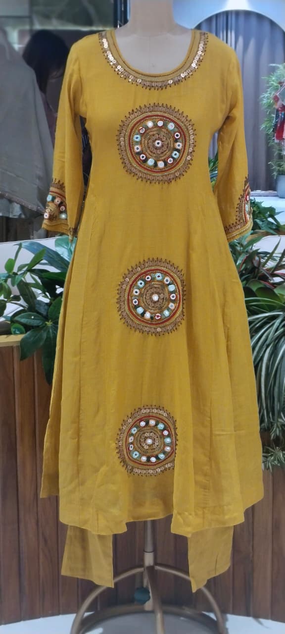 Heritage Intricate Mirror Tribal-Inspired Embroidery and Artisan Detailing Mul-Chanderi A-line Full Suit Set With Dupatta-16109